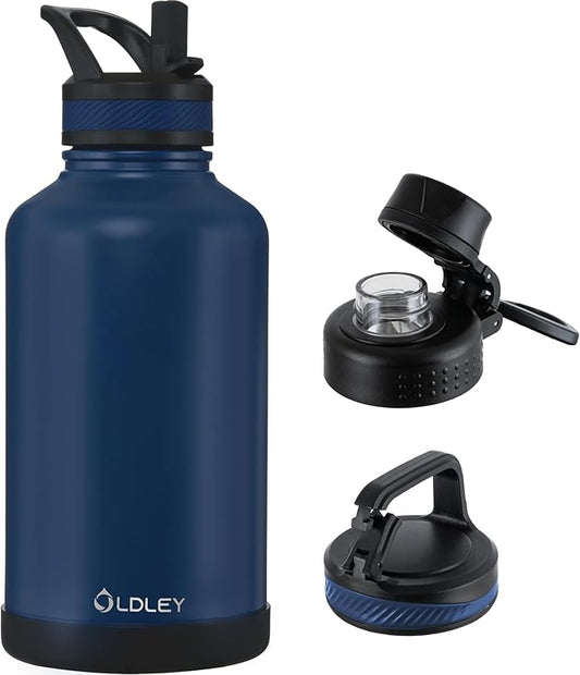 OLDLEY 64 oz Insulated Water Bottle With Straw, Stainless Steel Sports Water Cup Flask with 3 Lids(Straw, Spout and Handle Lid) Double Walled Travel Thermal Canteen Mug,Navy Blue