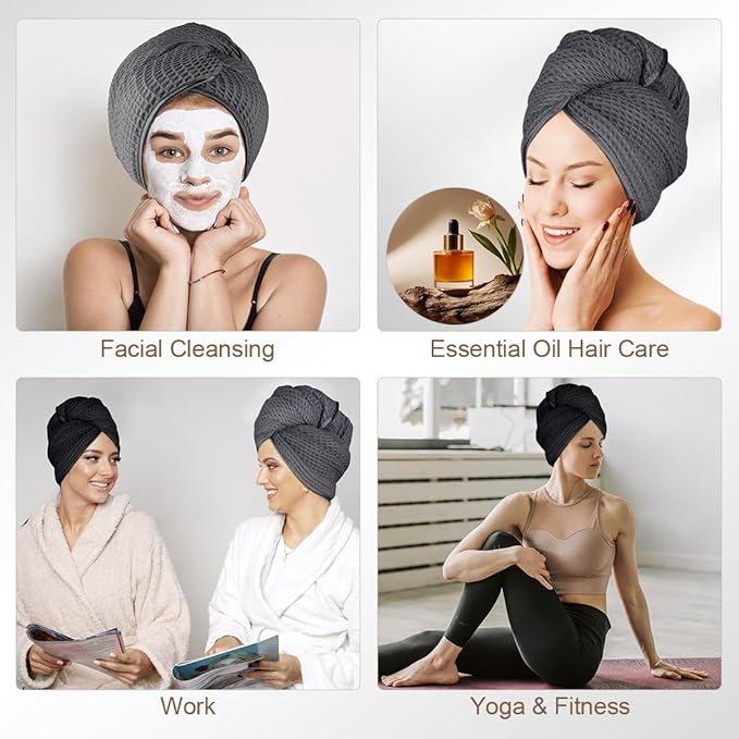 HOMEXCEL 2 Pack Microfiber Hair Towels Waffle Weave- 40 x 26.5 inches Fast Drying Turbans for Long, Thick, Curly Hair - Anti Frizz Wrap with Elastic Strap, Black/Grey