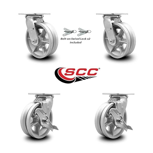 Service Caster Brand Heavy Duty Cast Iron Swivel Top Plate Casters Set of 4 - 6 Inch Wheels with Bolt on Swivel Locks and Brakes