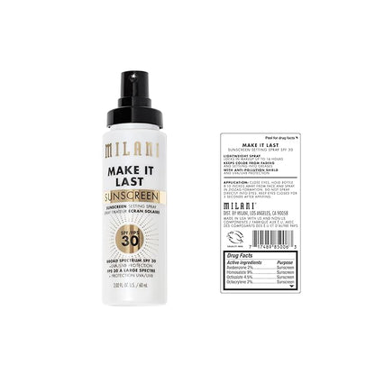 Milani Sunscreen Setting Spray + Primer, Make It Last Sunscreen for Face- SPF 30 UVA & UVB Protection Antioxidant Rich Formula for Broad Spectrum Protection, Prime + Set + Protect, 2.02Fl. Oz - 2 Pack