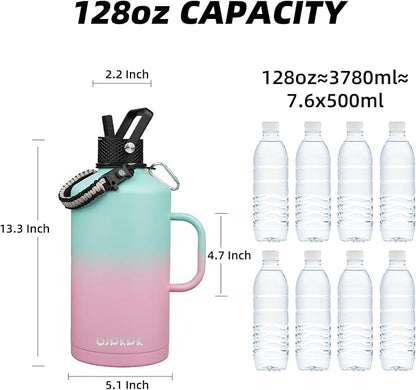 BJPKPK 1 Gallon Water Bottle Insulated with Straw Lid, 50oz, 64oz, 87oz, 128oz Large, Stainless Steel Water Bottles with 3 Lids and Paracord Strap, Double Wall Vacuum Metal Water Jug,Marshmallow