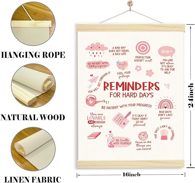 YGSDZY Reminders For Hard Days, Pink Mental Health Office Decor, Wood Poster Hanger, Pink Therapy Poster, Girls Room Decor, Playroom Decoration, Boho Sun Decoration, School Psychology