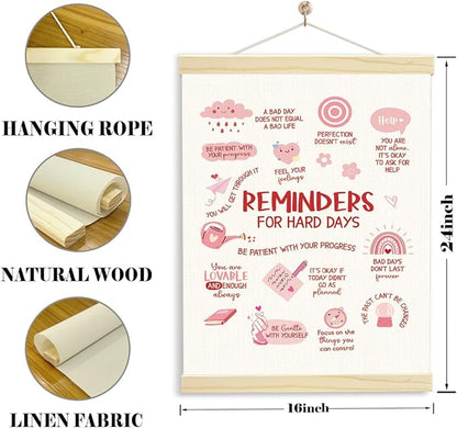 YGSDZY Reminders For Hard Days, Pink Mental Health Office Decor, Wood Poster Hanger, Pink Therapy Poster, Girls Room Decor, Playroom Decoration, Boho Sun Decoration, School Psychology