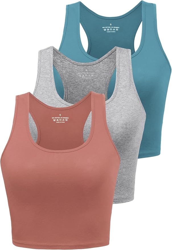 Porvike Sports Crop Tank Tops for Women Cropped Workout Tops Racerback Running Yoga Tanks Cotton Sleeveless Gym Shirts 3 Pack