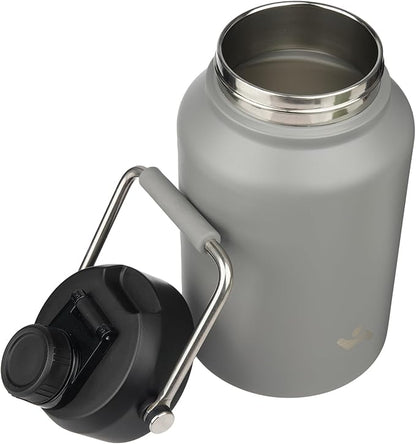 Half Gallon Jug with Handle,64 oz Insulated Water Bottle with Carrying Pouch,Double Wall Vacuum Stainless Steel Metal Bottle,Gray