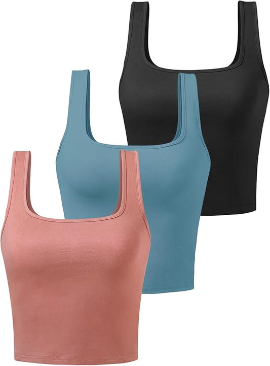 Porvike Sports Crop Tank Tops for Women Cropped Workout Tops Racerback Running Yoga Tanks Cotton Sleeveless Gym Shirts 3 Pack