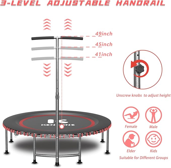 40/48" Low-Impact Rebounder Trampoline for Adults with Bungee, 450/550LBS Quiet Mini Exercise Trampoline with Adjustable U/T-Shaped Foam Handle Bar, Fitness Equipment for Indoor/Gym Workout