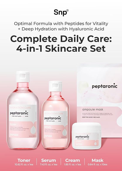 Snp 6 Peptides + 5 Hyaluronic Acid Skincare Set | 4-in-1 Kit of Toner, Serum, Cream & Sheet Masks | Moisturizing, Firming & Hydrating | Korean Skincare Set for Dry & Sensitive Skin | Peptaronic Set
