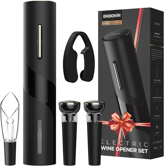 Electric Wine Opener Set - Automatic Electronic Bottle Openers with Greeting Card, Vacuum Stoppers, Wine Aerator, and Foil Cutter, Ideal Present for Wine Lovers, Party, and Home Entertaining