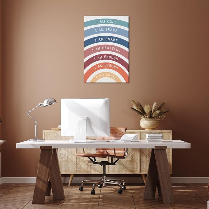 I am Kind Brave Loved Enough Motivational Canvas Wall Art Print Rainbow Quote Inspirational Art Poster Trendy Office Affirmation Wall Decor Minimalist Picture Painting Home Decor 8x12inch Framed