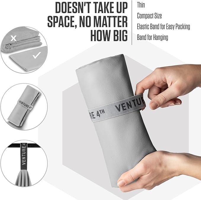 VENTURE 4TH Quick Dry Towel. Microfiber Travel Towel Ideal for Camping, Hiking, Backpacking, Gym. Lightweight & Fast Drying Travel Towels for Body. Compact & Easy to Pack - Light Gray Medium