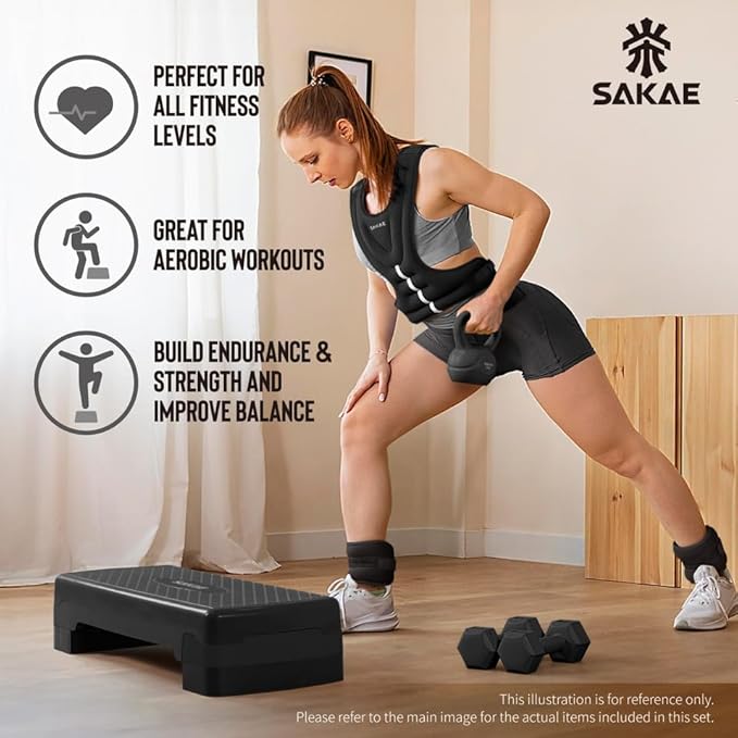 SAKAE Exercise Step Platform Set with Ankle Weights & Measuring Tape, Adjustable Height 2 Level Risers Workout Step Trainer, Aerobic Steppers for Home Gym Exercise Fitness Workout, Multiple Colors