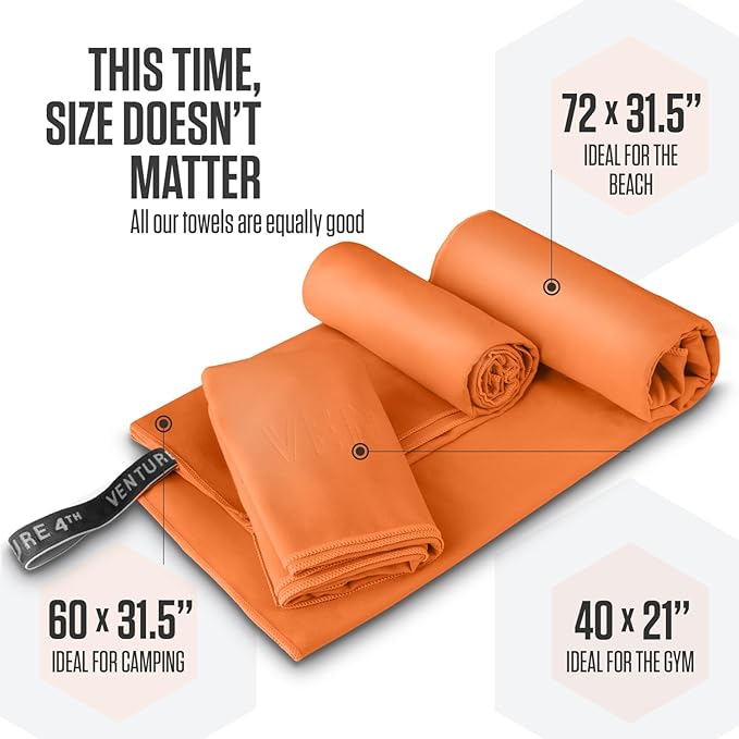 VENTURE 4TH Quick Dry Towel. Microfiber Travel Towel Ideal for Camping, Hiking, Backpacking, Gym. Lightweight & Fast Drying Travel Towels for Body. Compact & Easy to Pack - Orange Medium