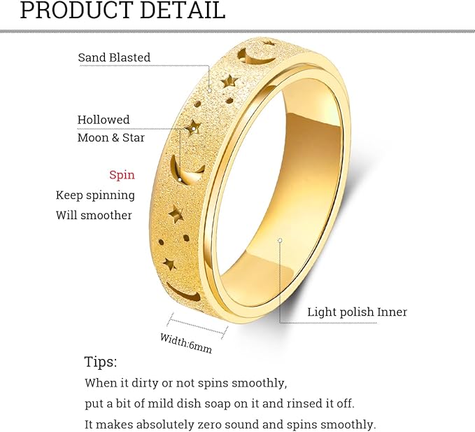OreilleStar Anxiety Ring for Women Fidget Ring Spinner Rings Stainless Steel Moon Star Fidgit Ring for Women Gold Plated Size 6