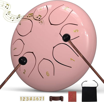 Rain Drum for Outside Garden, 6 Inches 8 Notes Steel Tongue Drums, Waterproof Meditation Echo Rain Chime, Musical Instruments for Adult Gift with Bag, Music Book, Mallets (Pink)