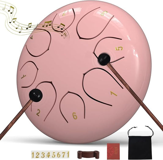 Rain Drum for Outside Garden, 6 Inches 8 Notes Steel Tongue Drums, Waterproof Meditation Echo Rain Chime, Musical Instruments for Adult Gift with Bag, Music Book, Mallets (Pink)