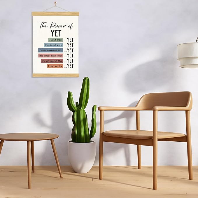 YGSDZY The Power Of Yet Poster, Therapy Office Decor, Wood Poster Hanger, Boho Classroom, Growth Mindset Mental Health Posters, Therapy Wall Art, School Psychology, Classroom Decor