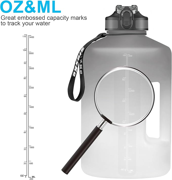 1 Gallon Motivational Sports Water Bottle with Time Marker, BPA Free 128oz Leak Proof Jug, Black, Plastic, 128 ounces, Fitness, Sports, Outdoor Activities