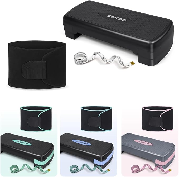 SAKAE Aerobic Step Platform Set with Waist Trimmer & Measuring Tape, Exercise Steppers for Home Exercise Fitness, Adjustable Height 2 Level Risers Workout Step Platform Trainer, Multiple Colors