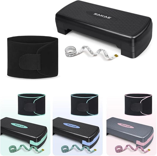 SAKAE Aerobic Step Platform Set with Waist Trimmer & Measuring Tape, Exercise Steppers for Home Exercise Fitness, Adjustable Height 2 Level Risers Workout Step Platform Trainer, Multiple Colors