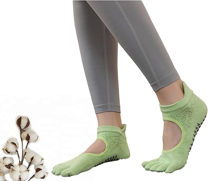 CHUNFO Grip Socks Womens Pilates Yoga Barre Non Slip Stripes Cotton Ankle Anti-Skid Sock Size 5-10