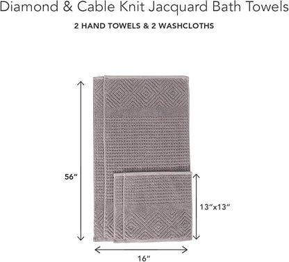 Texere 100% Organic Cotton Diamond Jacquard 700 GSM Luxury Bath Towel Sets - Ultra Soft and Absorbent Hotel and Spa Quality (Diamond, Cathedral Gray, 2 Hand & 2 Face Towels)