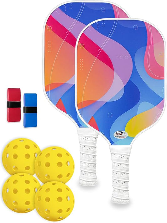 Pickleball Paddles Set of 2 with 4 Balls - USAPA Approved Fiberglass Surface, Lightweight, Non-Slip Grip - Premium Paddle Set for All Skill Levels Indoor & Outdoor