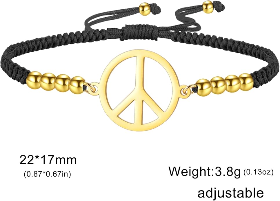 LIKGREAT Peace Sign Pendant Bracelet for Women Peace Symbol Adjustable Handmade Braided Wax Cords Beaded Bracelet