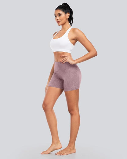 CHRLEISURE Womens Biker Yoga Shorts with Pockets: High Waisted Tummy Control Spandex Workout Athletic Gym Shorts 4 Packs