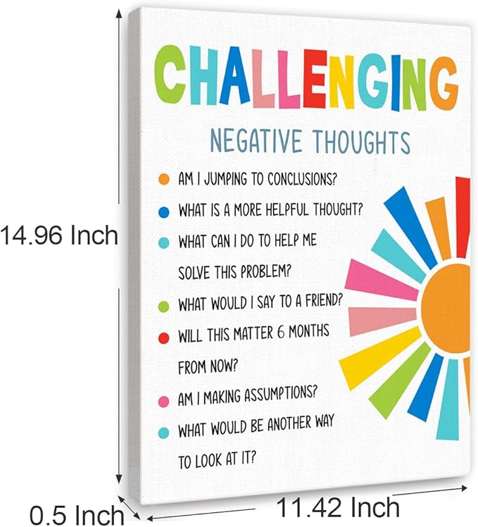 YEOION Challenging Negative Thoughts Wall Decor,Growth Mindset Wall Art Canvas Frame Print for Mental Health Therapy Office School Counselor Wall Decor