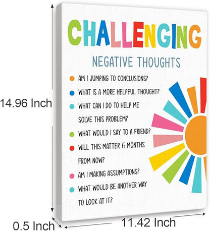 YEOION Challenging Negative Thoughts Wall Decor,Growth Mindset Wall Art Canvas Frame Print for Mental Health Therapy Office School Counselor Wall Decor