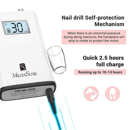 MelodySusie Professional Rechargeable 30000 rpm Nail Drill,SC320H Portable Electric E File Scamander, Acrylic Gel Grinder Tools with 6 Bits and Sanding Bands for Manicure Pedicure Carve Polish (White)