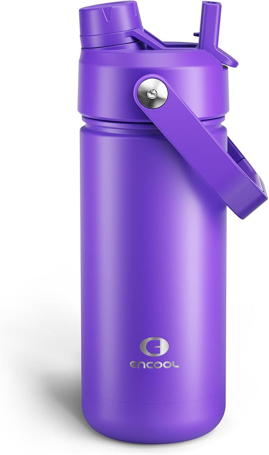 Insulated Water Bottle with Straw - Encool Stainless Steel Water Bottle, Leak-Proof, BPA-Free, Double Wall Vacuum Keeps Cold for 24 Hours for Sports, Travel, School (18 oz, Violet)
