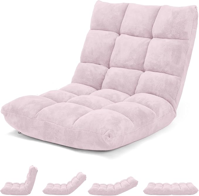 GORELAX Memory Foam Floor Chair, 14-Poistion Adjustable Floor Reading Gaming Chair Recliner, Folding Cushioned Meditation Chair with Back Support, Padded Lazy Sofa Chair for Adults, Kids (Light Pink)