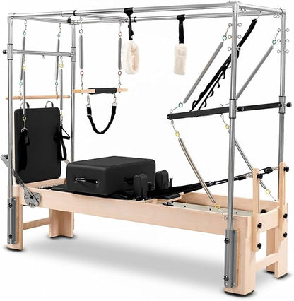 Pilates Reformer with Half Trapeze – Maple Wood Frame, Adjustable Resistance & Half Trapeze for Home Gym, Core Strength, Flexibility & Full-Body Workouts, Mocha