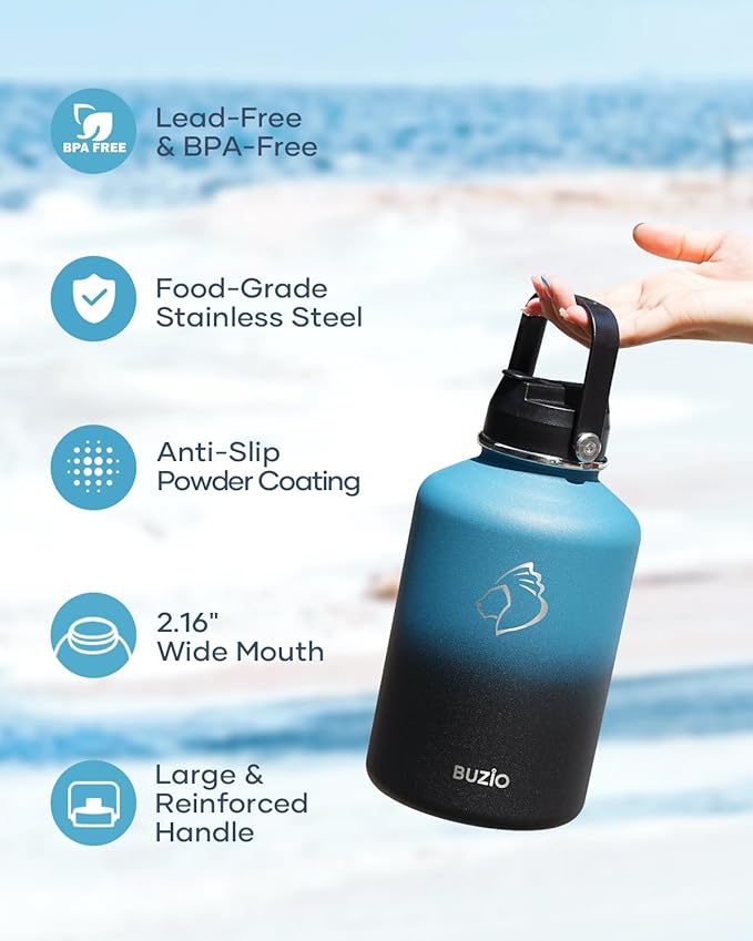 BUZIO 64 oz Insulated Water Bottle, Half Gallon Stainless Steel Water Jug with Straw Lid & Carrying Case, Keep Cold 48h Large Lead-Free Vacuum Metal Thermo Water Flask for sports Camp, Indigo Crush