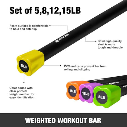 LIONSCOOL Workout Weighted Bar,Padded Exercise Weight Bar, Solid Steel Stretching weighted bar set for Body Sculpting, Physical Therapy,Body Toning