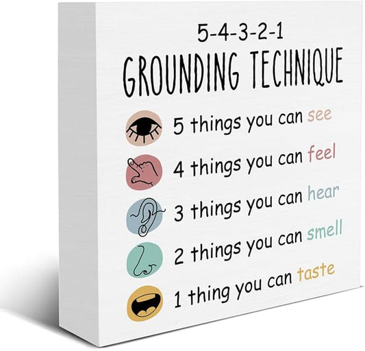Mental Health Sign Grounding Technique Wood Block Sign Classroom School Counselor Therapy Office Home Shelf Tabletop Decor Psychology Gifts