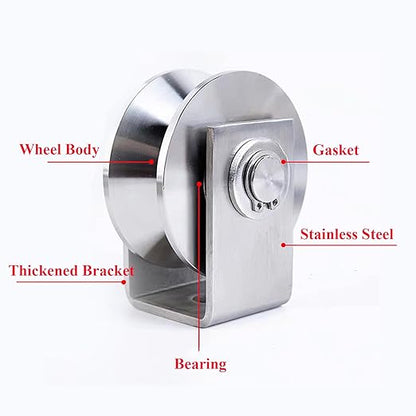 2pcs V Groove Wheel Stainless Steel Heavy Duty Wire Rope Pulley Block Sliding Gate Rollers Double Bearing Plate Caster Solid Track Rollers Wheels Fence Gate Wheel