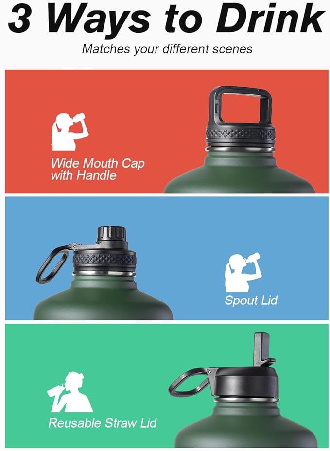 Half Gallon Water Bottle Insulated with Straw & 3 Lids, Coolflask 64 oz Water Jug Large Metal Stainless Steel Wide Mouth for Sports, Gym or Office, Non-BPA Keep Cold 48H Hot 24H, Dark Green