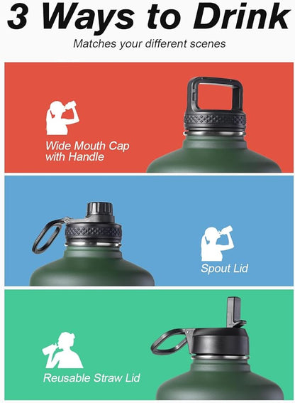 Half Gallon Water Bottle Insulated with Straw & 3 Lids, Coolflask 64 oz Water Jug Large Metal Stainless Steel Wide Mouth for Sports, Gym or Office, Non-BPA Keep Cold 48H Hot 24H, Dark Green