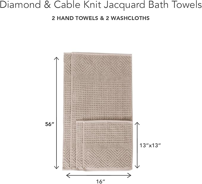 Texere 100% Organic Cotton Diamond Jacquard 700 GSM Luxury Bath Towel Sets - Ultra Soft and Absorbent Hotel and Spa Quality (Diamond, Oxford Tan, 2 Hand & 2 Face Towels)