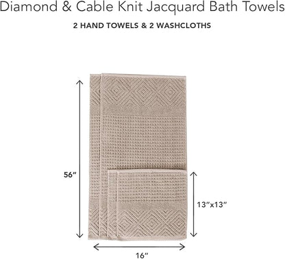 Texere 100% Organic Cotton Diamond Jacquard 700 GSM Luxury Bath Towel Sets - Ultra Soft and Absorbent Hotel and Spa Quality (Diamond, Oxford Tan, 2 Hand & 2 Face Towels)