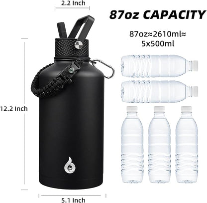 BJPKPK 2/3 Gallon Water Bottle with Straw Lid, 50oz, 64oz, 87oz, 128oz Large, Stainless Steel Water Bottles with 3 Lids and Paracord Handle, Double Wall Vacuum Metal Jug, Black