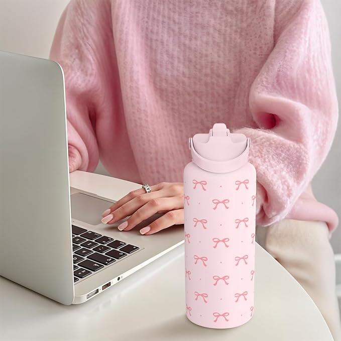 SANDJEST Pink Bow Water Bottle Stainless Steel Insulated Vacuum 32oz with Lid, Gifts for Women Girls Teens Birthday Christmas