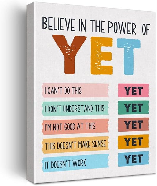 Mental Health Wall Art Canvas Painting Growth Mindset Print Framed I Believe in the Power of Yet Canvas Sign for Therapy Office Counselor Office Decor (12x15 Inch)