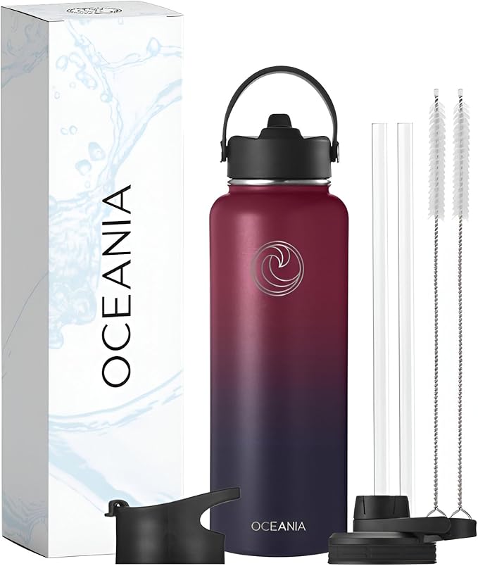 Oceania Flask 40oz Stainless Steel Water Bottles | Modern, Leakproof, Vacuum Insulated with 3 Lids, 3 Straws & 2 Straw Cleaning Brushes | Simple Lightweight Camping & Hiking Hydration Canteens