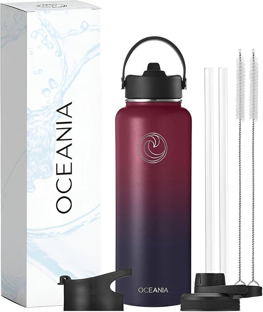 Oceania Flask 40oz Stainless Steel Water Bottles | Modern, Leakproof, Vacuum Insulated with 3 Lids, 3 Straws & 2 Straw Cleaning Brushes | Simple Lightweight Camping & Hiking Hydration Canteens
