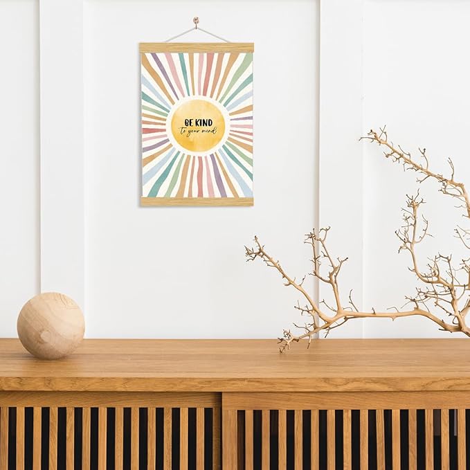 YGSDZY Be Kind To Your Mind Sign, Mental Health Poster, Wood Poster Hanger, Sun Playroom Posters, Therapy Office Decor, Boho Sun Decor, School Psychologist Signs, Classroom Decoration