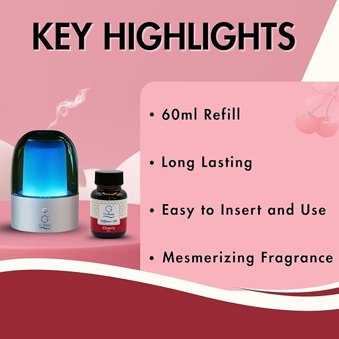 G's Breeze Smart Aroma Diffuser with 60ml Cherry Scent Refill – Bluetooth & Wi-Fi App Control - LED Lighting & Adjustable Intensity -Long-Lasting Sweet Fruity Fragrance for Home or Office